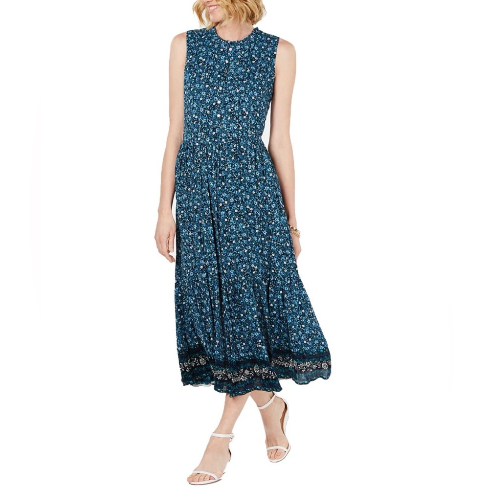 Style & Co Navy Floral Tiered Maxi Dress Sleeveless Button Front Size Large Boho